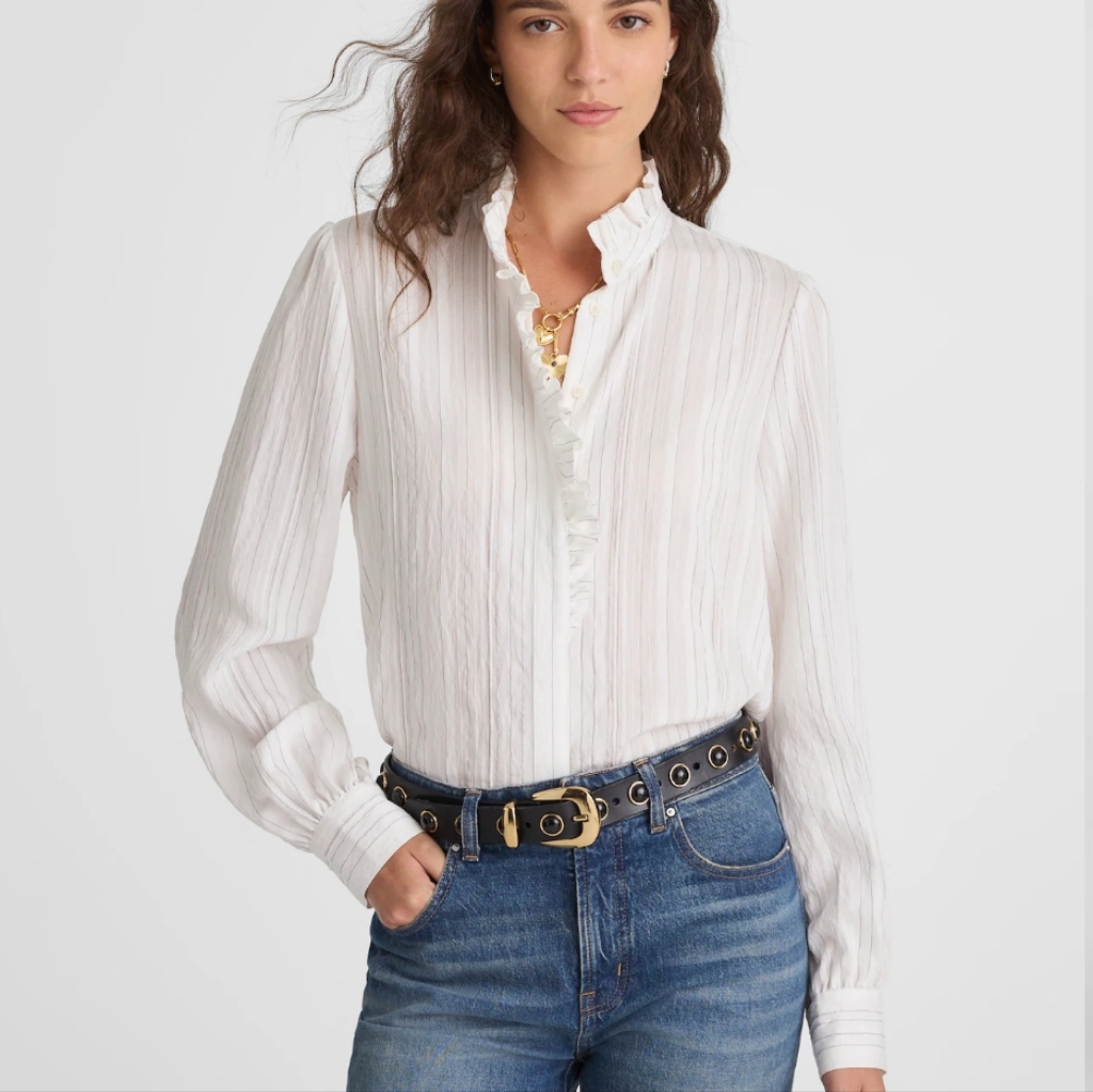 Madewell Elegant White Airy Stripe Ruffled Button Up Women's Top Size Small